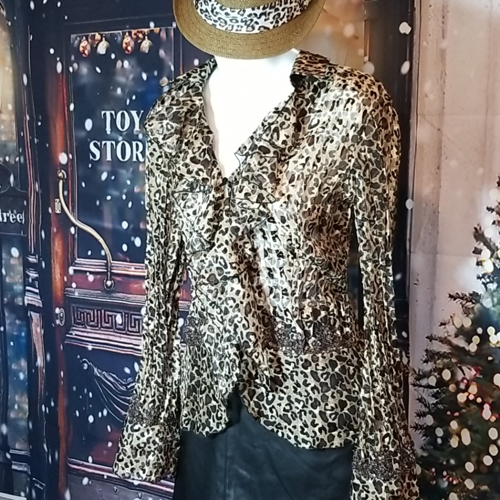 Mary L. Couture Animal Print Ruffle Blouse with Beading
